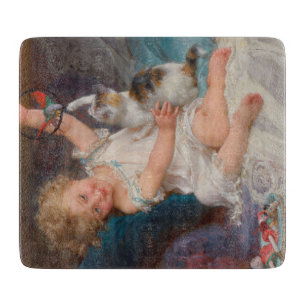 Playtime: Girl Playing with her Pet Kitten Cutting Board