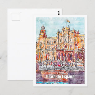 Plaza de Espana Spain Famous Travel Watercolor  Postcard