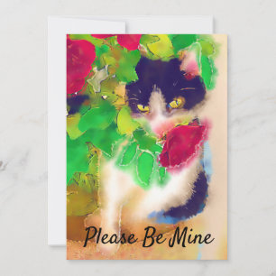 Please Be Mine, Cat with Red Rose Valentine Thank You Card