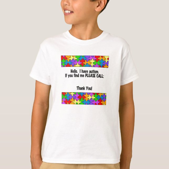 Please Call Autism ID Tag T-Shirt (Front)