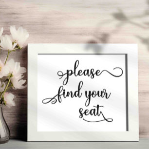 "Please find your seat" Black Simple Wedding Sign
