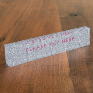 Please Pay Here Sign Pink Glitter Business Nameplate