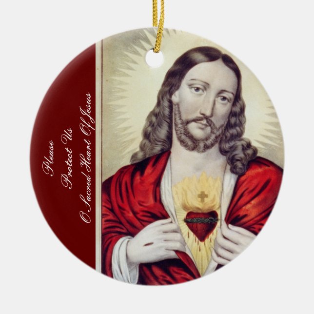 PLEASE PROTECT US O SACRED HEART OF JESUS CERAMIC TREE DECORATION (Front)