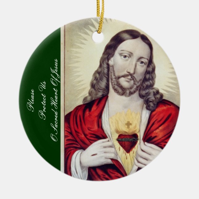 PLEASE PROTECT US O SACRED HEART OF JESUS CERAMIC TREE DECORATION (Front)