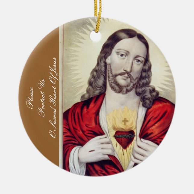 PLEASE PROTECT US O SACRED HEART OF JESUS CERAMIC TREE DECORATION (Front)
