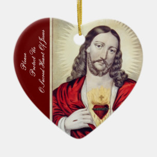 PLEASE PROTECT US O SACRED HEART OF JESUS CERAMIC TREE DECORATION