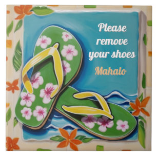 Please Remove Shoes Sign Green Hawaiian Flip Flops Tile