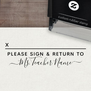 Please Sign and Return - Script Teacher Name Line Self-inking Stamp