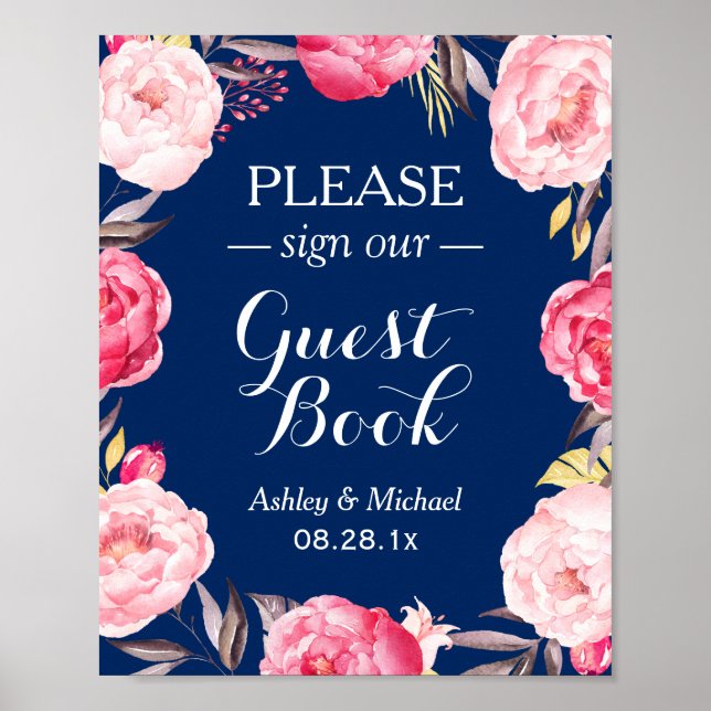 Please Sign Guestbook Navy Blue Floral Wreath (Front)