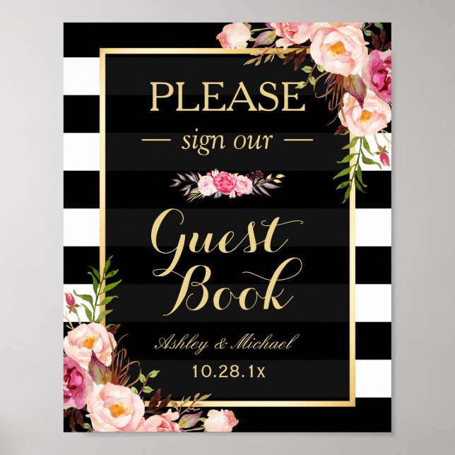 Please Sign Our Guestbook | Floral Stripes Wedding (Front)