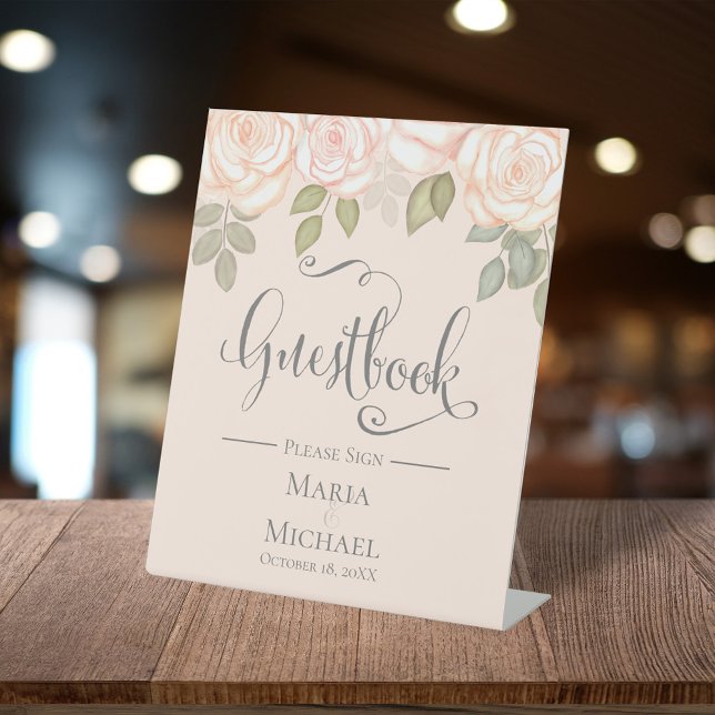 Please sign our Guestbook Watercolor Wedding (Elegant tabletop wedding guestbook sign with blush watercolor roses and soft greenery accents.)