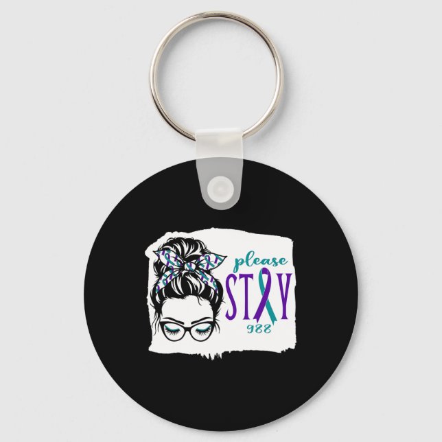 Please Stay Suicide Awareness 988 Messy Bun Teal P Key Ring (Front)