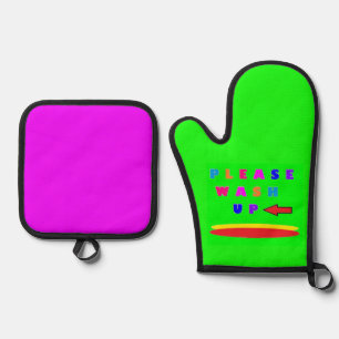 Please wash up design lime green with words oven mitt & pot holder set