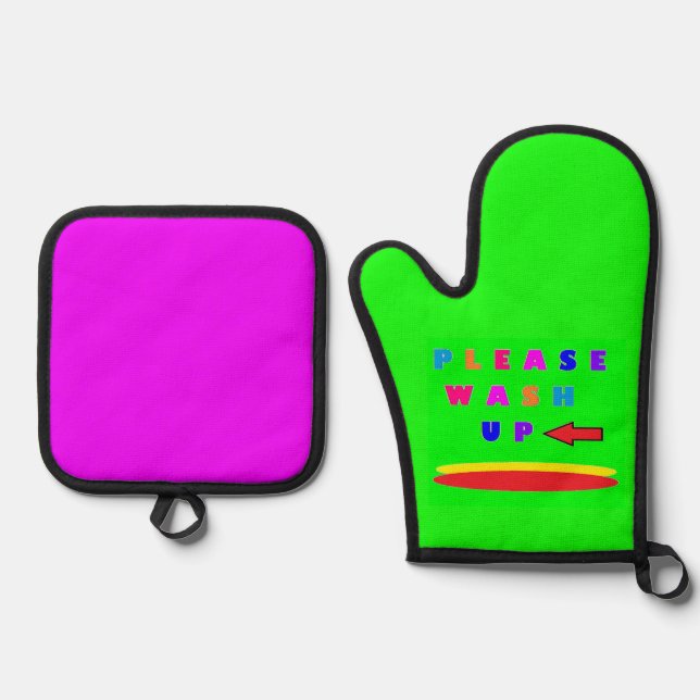 Please wash up design lime green with words oven mitt & pot holder set (Front)