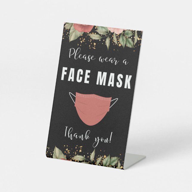 Please Wear a Face Mask Business Floral Greenery Pedestal Sign (Front)