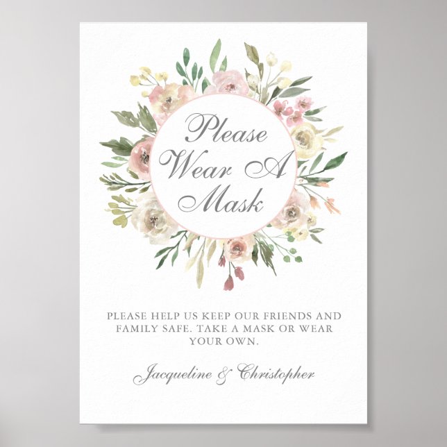 Please Wear a Mask Floral Pink Elegant Wedding Poster (Front)