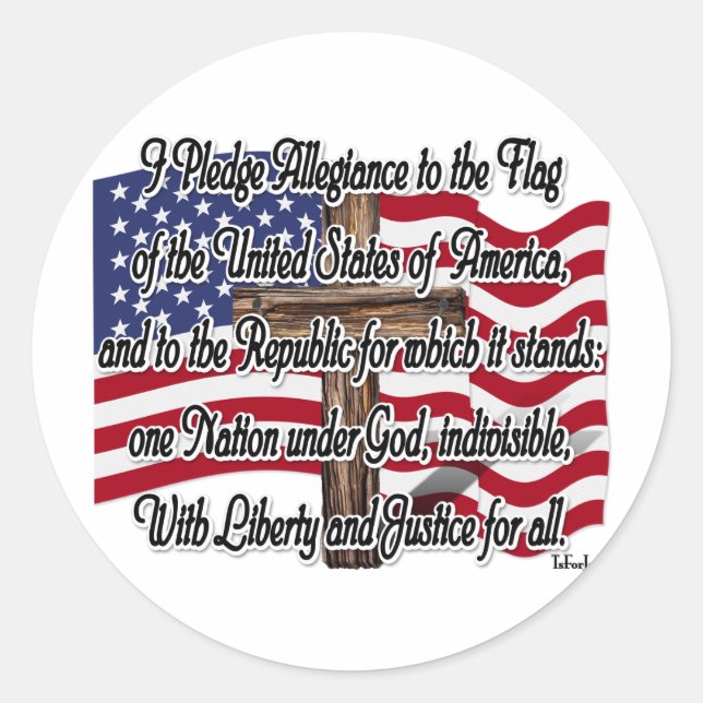 Pledge of Allegiance with US Flag and Cross Classic Round Sticker (Front)
