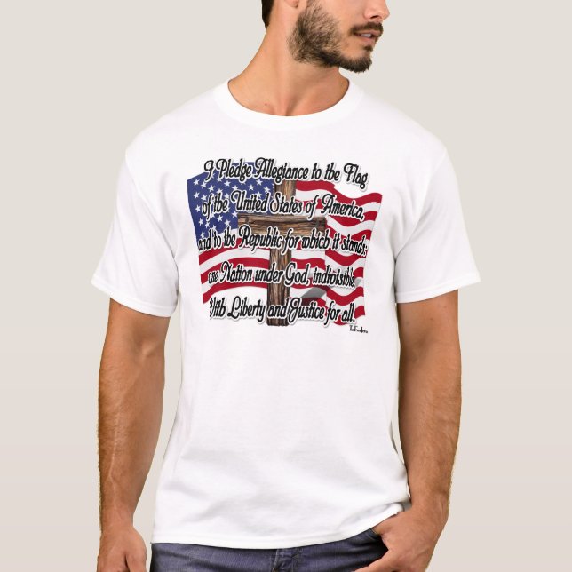 Pledge of Allegiance with US Flag and Cross T-Shirt (Front)