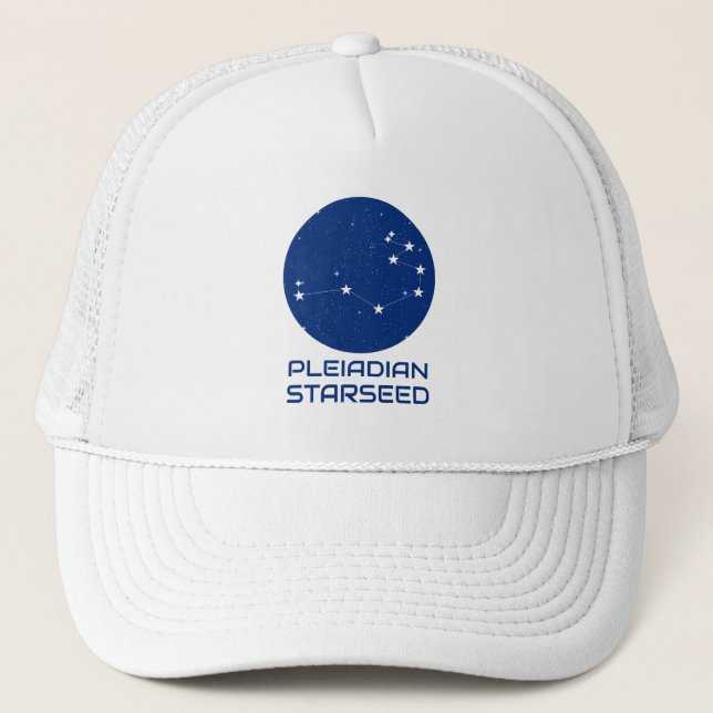 Pleiadian Starseed Hat – Blue & White Trucker Styl (Front)
