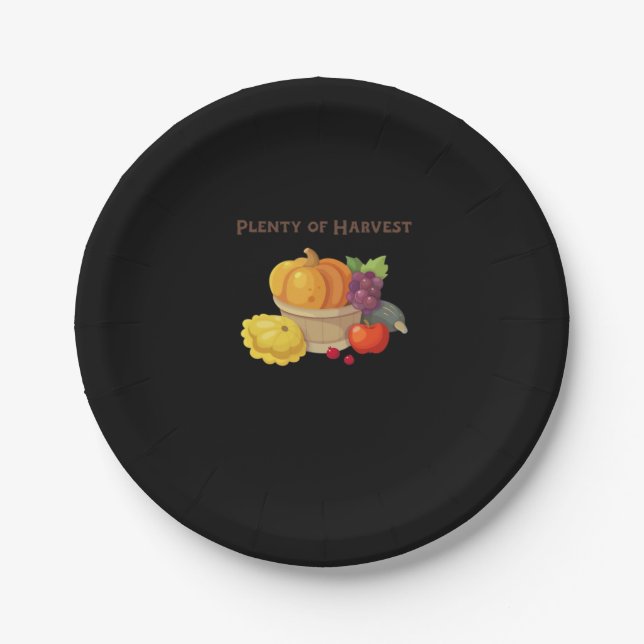 Plenty of Harvest – Autumn Basket of Produce Illus Paper Plate (Front)