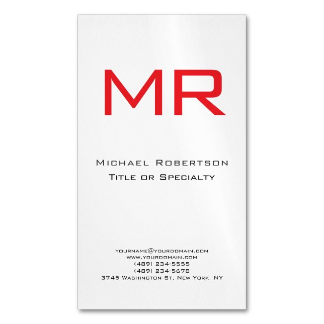Plian Monogram Red White Minimalist Magnetic Business Card (Front Vertical)