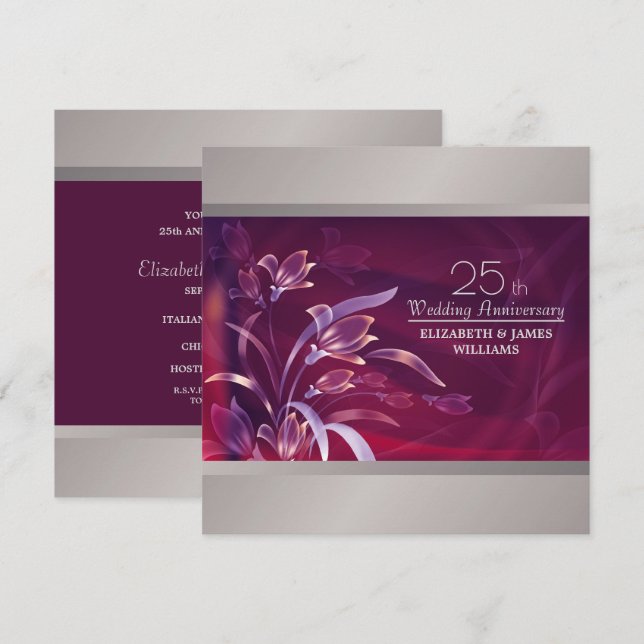 Plim | Silver Floral 25th Anniversary Party  Invitation (Front/Back)