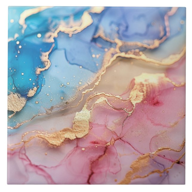 Plink Blue Gold Glitter Marbled Agate Ceramic  Tile (Front)