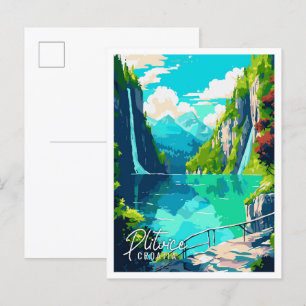 Plitvice Croatia vintage travel illustration Postcard