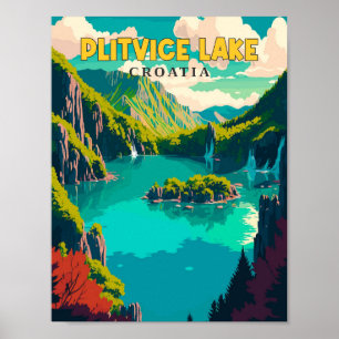 Plitvice Lake Croatia vintage travel illustration Poster