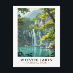 Plitvice Lakes National Park Travel Art Vintage Postcard<br><div class="desc">Plitvice Lakes vector artwork design. The park's lakes are separated by natural travertine dams,  which are created by water flowing in thin layers over thresholds.</div>