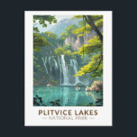 Plitvice Lakes National Park Travel Art Vintage Postcard<br><div class="desc">Plitvice Lakes vector artwork design. The park's lakes are separated by natural travertine dams,  which are created by water flowing in thin layers over thresholds.</div>