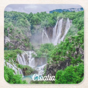 Plitvice lakes waterfall square paper coaster