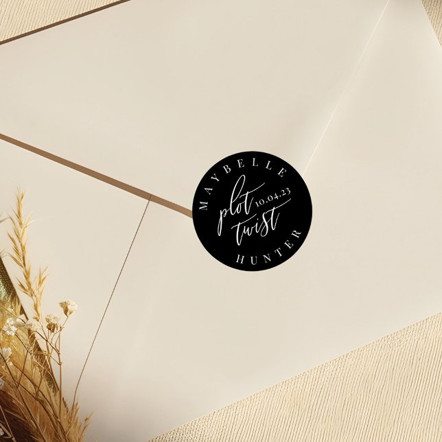 Plot Twist Black Modern Calligraphy Save The Date Classic Round Sticker (Plot Twist Black Modern Calligraphy Save The Date Classic Round Sticker)