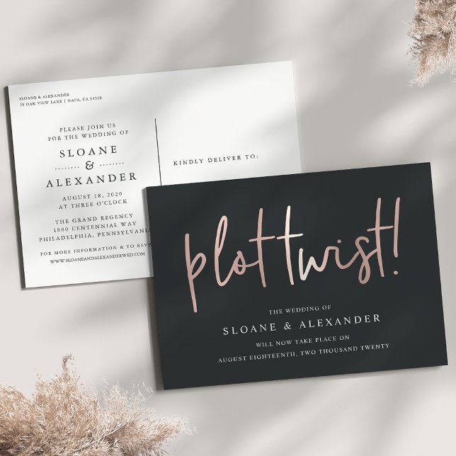 Plot Twist | Modern Rose Gold Wedding Reschedule Announcement Postcard (Creator Uploaded)