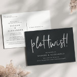 Plot Twist | Modern Silver Wedding Reschedule Announcement Postcard<br><div class="desc">Need to change your wedding date? Notify guests with this modern and lighthearted postcard featuring "plot twist!" in faux silver foil handwritten lettering on a rich, soft black background. Personalize with your names and new wedding date beneath in white lettering. Postcards reverse to show additional wedding details, including your wedding...</div>