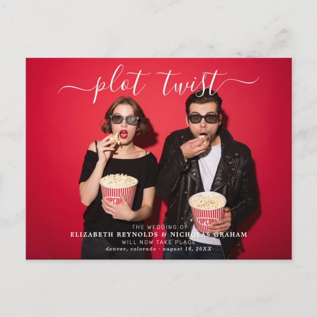 Plot Twist | Wedding Reschedule Announcement Photo Postcard (Front)