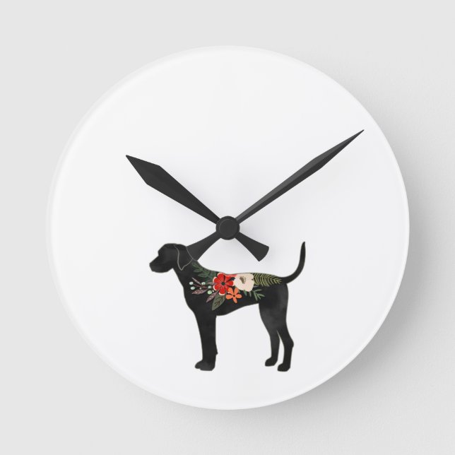 Plott Hound Dog Breed Boho Floral Silhouette Round Clock (Front)