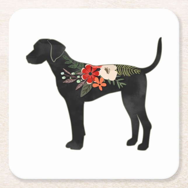 Plott Hound Dog Breed Boho Floral Silhouette Square Paper Coaster (Front)
