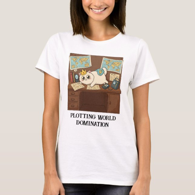 Plotting World Domination Funny Cat T-Shirt (Front)