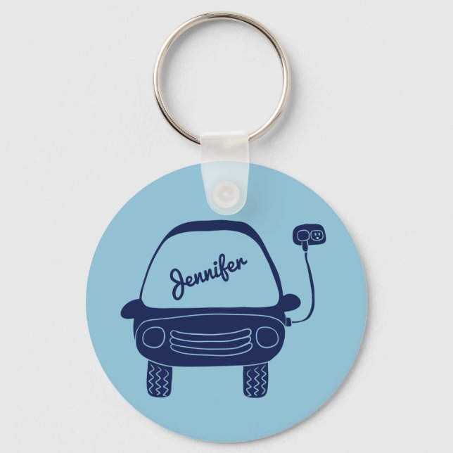 Plug Life Cute Blue Electric Car Personalised Key Ring (Front)