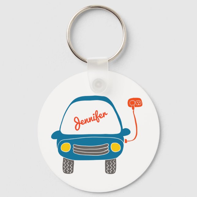 Plug Life Cute Blue Electric Car Personalised Key Ring (Front)