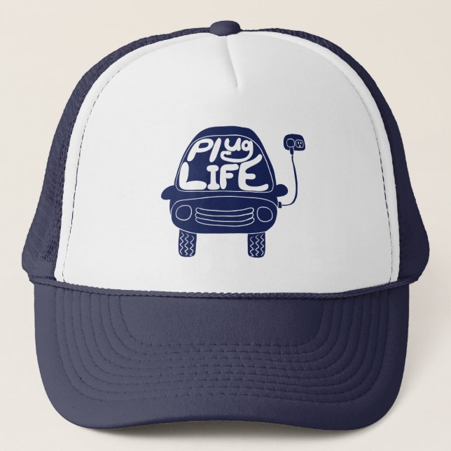 Plug Life Cute Navy Blue Electric Car Trucker Hat (Front)