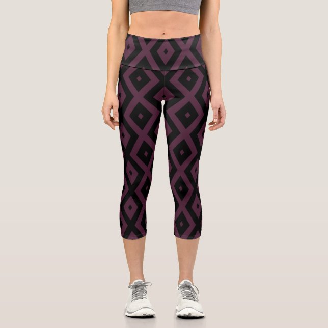 Plum and black diamond pattern capri leggings (Front)