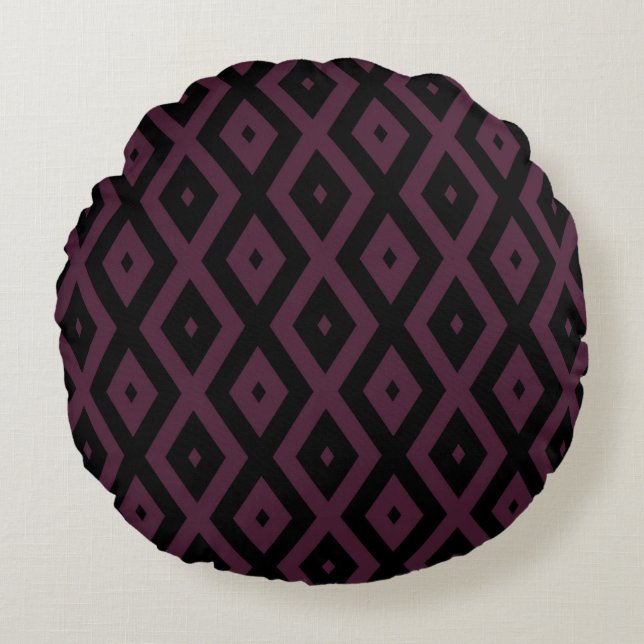 Plum and black diamond pattern round cushion (Front)