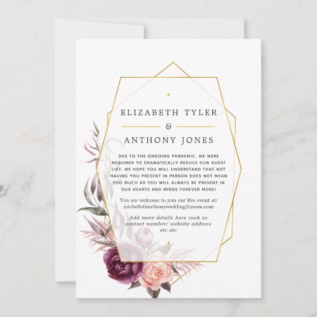 Plum and Blush Floral Geometric Reduced Guest List Announcement (Front)