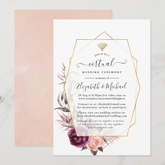 Plum and Blush Floral Geometric Virtual Wedding Invitation (Front/Back)