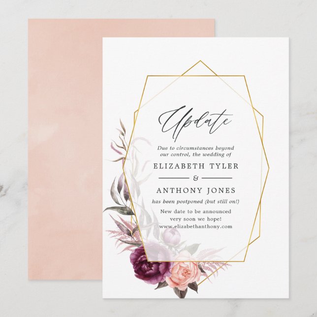 Plum and Blush Floral Geometric Wedding Update Invitation (Front/Back)
