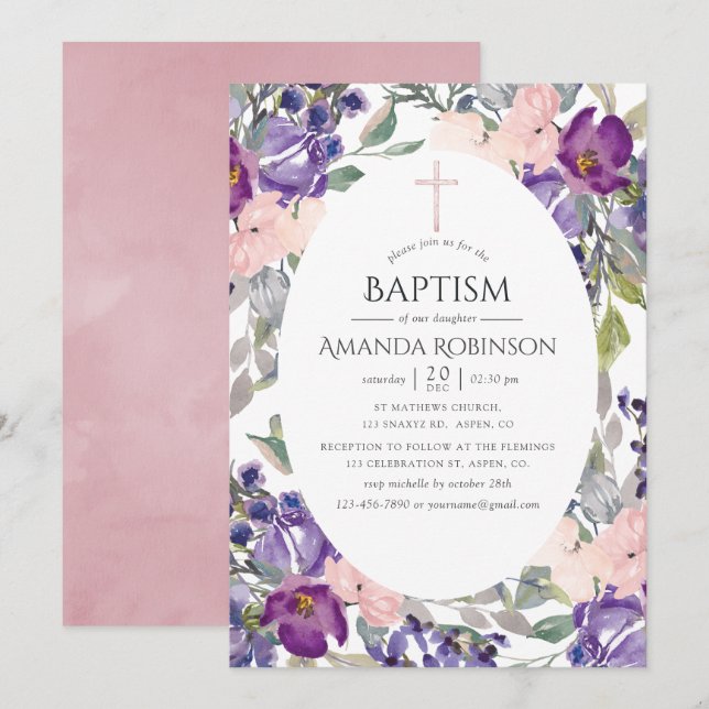 Plum and Blush Pink Floral Baptism or Christening Invitation (Front/Back)