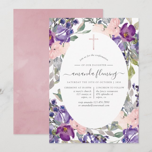 Plum and Blush Pink Floral Confirmation Invitation (Front/Back)