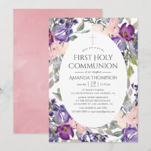 Plum and Blush Pink Floral First Holy Communion Invitation